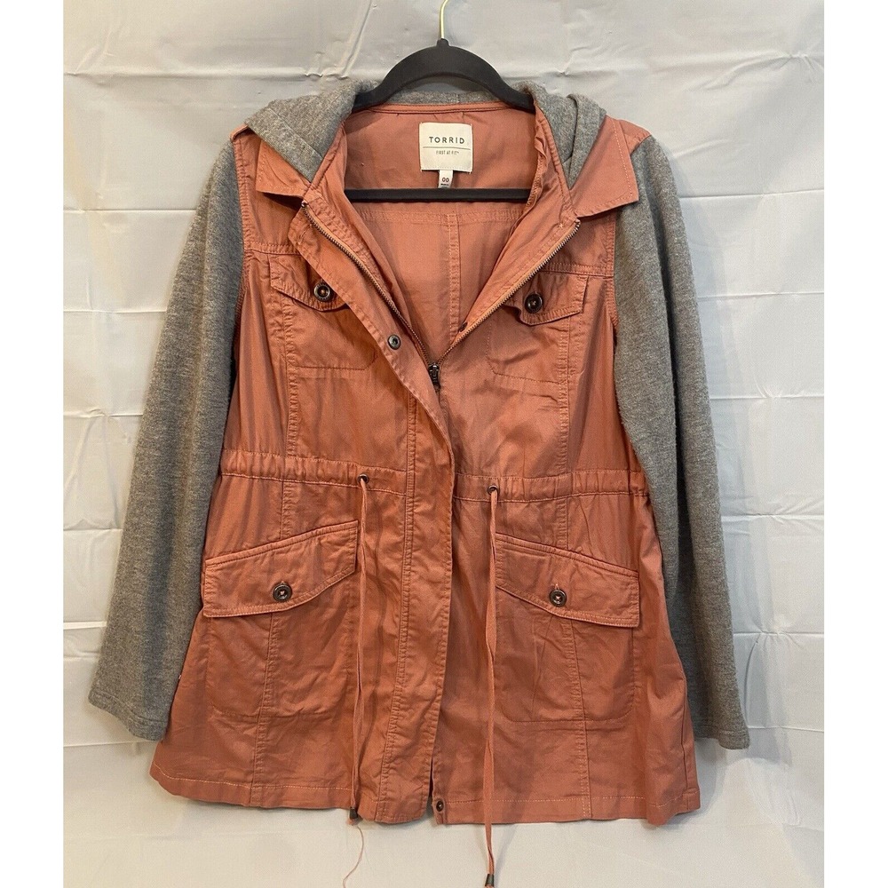 Torrid Womens Jacket Sz 00 (M/L) Pink Anorak Hooded Full Zip Snap Buttons‎